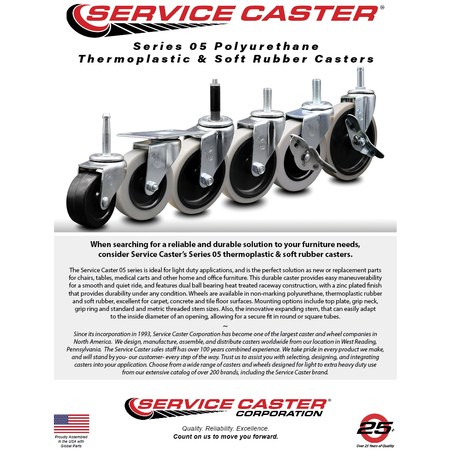 Service Caster 2 Inch Thermoplastic Wheel 7/8 Grip Ring Stem Caster Set with Brakes, 4PK SCC-GR05S210-TPRS-SLB-71678-4